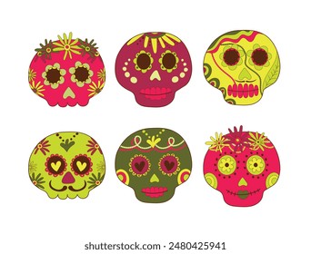 Sugar skulls decorated by design elements and colorful floral ornament. Mexican national holiday Day of the dead. Festive banner templates for Dia de los muertos. Vector illustration