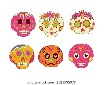 Crânios de açúcar decorados por elementos de design e ornamento floral colorido. Dia Nacional Mexicano dos Mortos. Modelos festivos de banner para Dia de los muertos. Ilustração vetorial