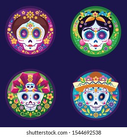 Sugar skulls flat illustrations set. Mexican carnival items. Day of dead attributes. Traditional holiday symbols. Isolated cartoon saccharine moustaches decorated with flowers in circle frames