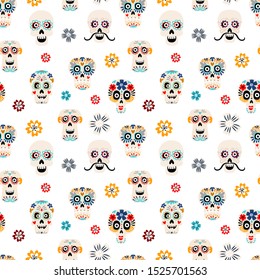 Sugar skulls flat vector seamless pattern. Skeleton heads with flowers on white background. Day of Dead festival texture. Dia de los muertos mexican holiday wrapping paper, textile, fabric design