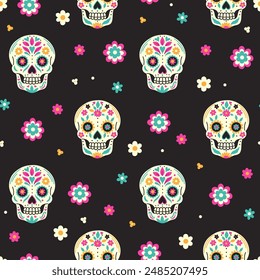 Calaveras de azúcar y flores sobre un fondo oscuro patrón sin fisuras. Vector gráfico.