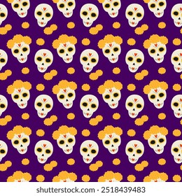 Sugar skulls with flowers in wreath Seamless pattern. Day of the dead Greeting background concept