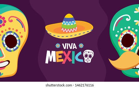 sugar skulls hat celebration viva mexico vector illustration