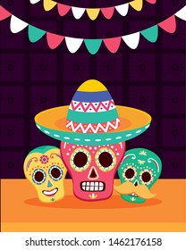 sugar skulls hat decoration celebration viva mexico vector illustration