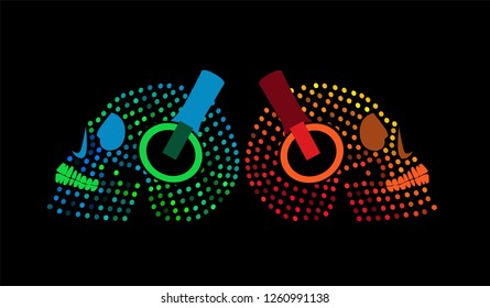 Sugar skulls with headphones icon halftone neon led display