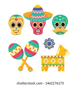 sugar skulls maraca pinata hat celebration viva mexico vector illustration