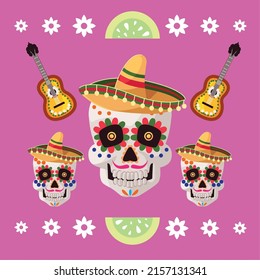 sugar skulls mexico hats and guitar