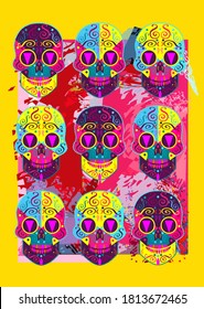 Sugar skulls pattern, colorful artistic background