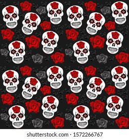 Sugar skulls and roses seamless pattern. Repetitive white skulls, red & black roses. Red roses on skulls forehead. Vector illustration on black background. Day of the dead. EPS 10.