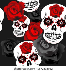 Sugar skulls and roses seamless pattern. Repetitive white skulls, red & black roses. Red roses on white skulls forehead. Vector illustration on black background. Day of the dead. EPS 10.