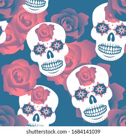Sugar skulls and roses seamless pattern. Repetitive skulls and roses. Roses on skulls forehead. Vector illustration. Day of the dead. EPS 10.