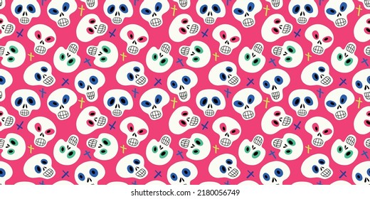 Sugar skulls seamless background. Pattern with multicolored traditional Mexican calaveras or sugar skulls for Day of Dead