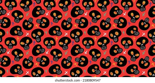 Sugar skulls seamless pattern. Background with multicolored traditional Mexican calaveras or sugar skulls for Day of Dead