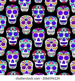 Sugar skulls seamless pattern. Traditional mexican ornament vector illustration. Day of the dead symbol. Design for textile, fabric, packaging, backdrop, wallpaper.