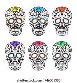 Sugar skulls set. Colorful tattoos. Mexican Day of the Dead. Vector illustration.