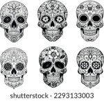 Sugar Skulls Set. Day of the Dead Skull, isolated on white background. Dia de los Muertos. Mexican sugar skull. Design element for logo, emblem, sign, poster, card, banner. Vector illustration.
