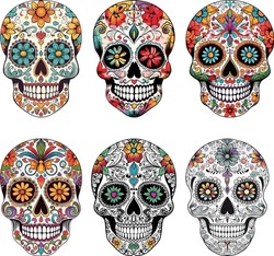 Sugar Skulls Set. Day Of The Dead Skull, Isolated On White Background. Dia De Los Muertos. Mexican Sugar Skull. Design Element For Logo, Emblem, Sign, Poster, Card, Banner. Vector Illustration.