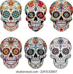 Sugar Skulls Set. Day of the Dead Skull, isolated on white background. Dia de los Muertos. Mexican sugar skull. Design element for logo, emblem, sign, poster, card, banner. Vector illustration.