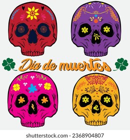 Sugar Skulls Set. Day of the Dead Skull, isolated on white background. Dia de los Muertos. Mexican sugar skull. Design element for logo, emblem, sign, poster, card, banner. Vector illustration.