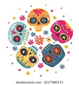 Skulls de açúcar definido. Dia do Crânio Morto, isolado em fundo branco. Dia de los Muertos. Esqueleto de açúcar mexicano. Elemento de design para logotipo, emblema, sinal, cartaz, cartão, banner. Ilustração vetorial.