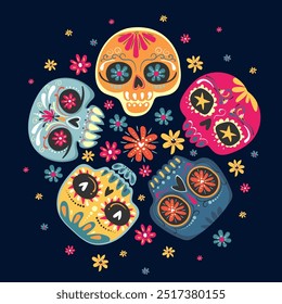 Skulls de açúcar definido. Dia do Crânio Morto, isolado em fundo branco. Dia de los Muertos. Esqueleto de açúcar mexicano. Elemento de design para logotipo, emblema, sinal, cartaz, cartão, banner. Ilustração vetorial.