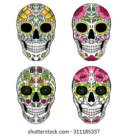 Sugar Skulls set. Day of The Dead colorful skulls with floral design.