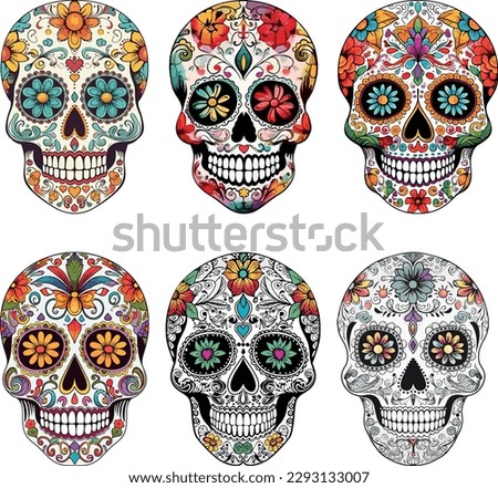 Sugar Skulls Set. Day of the Dead Skull, isolated on white background. Dia de los Muertos. Mexican sugar skull. Design element for logo, emblem, sign, poster, card, banner. Vector illustration.