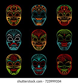 Sugar skulls set on a black background, Day of the Dead