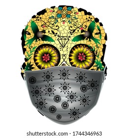 Los calaveras de azúcar llevan una máscara de moda con un bonito fondo blanco. Calavera de azúcar Covid-19. Perfecto para diseños de camisetas, pegatinas, etc.