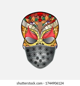 Sugar skulls wear a trendy mask with a beautiful white background. Sugar skull Covid-19. Perfect for t-shirt designs, stickers etc.