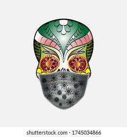 Sugar skulls wear a trendy mask with a beautiful white background. Sugar skull Covid-19. Perfect for t-shirt designs, stickers etc.