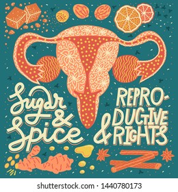 Sugar and spice and reproductive rights. Hand-drawn feminist slogan. Vector illustration of uterus and cinnamon, nutmeg, other baking spices. Pro-choice activism concept. Square format.