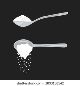 Sugar spoon full of powder crystals of salt or sugar vector illustration set. Teaspoon side view with cooking and baking ingredients need for drinks - coffee or tea. Clean organic eco food.