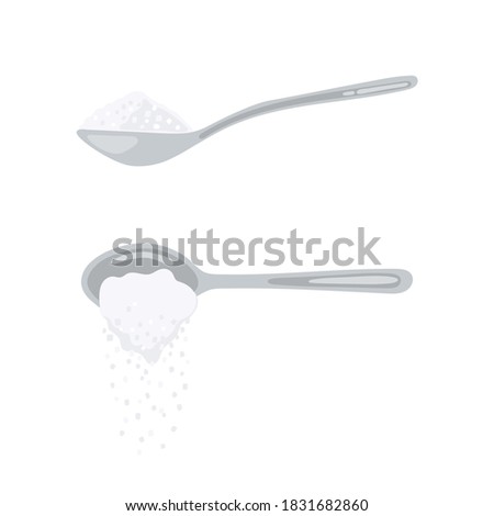 Sugar spoon full of powder crystals of salt or sugar vector illustration set. Teaspoon side view with cooking and baking ingredients need for drinks - coffee or tea. Clean organic eco food.