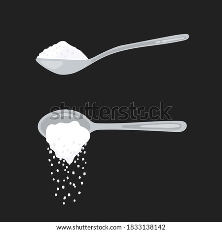 Sugar spoon full of powder crystals of salt or sugar vector illustration set. Teaspoon side view with cooking and baking ingredients need for drinks - coffee or tea. Clean organic eco food.