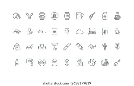 Sugar in spoon and sachet or package, powder and cubes, bottle and box thin black symbols vector illustration. Sugar and sweetener product, maple syrup, fructose and erythritol line icon set.