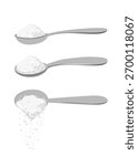 
Sugar spoon set full of powdered crystals of salt or sugar. Teaspoon side view with cooking and baking ingredients need for drinks coffee or tea stock illustration.