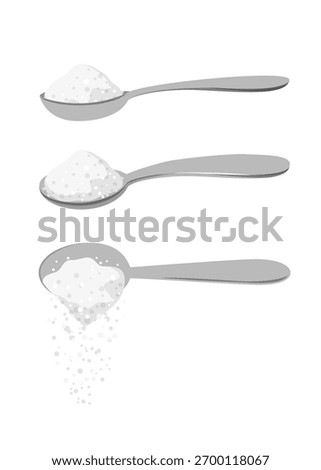 
Sugar spoon set full of powdered crystals of salt or sugar. Teaspoon side view with cooking and baking ingredients need for drinks coffee or tea stock illustration.