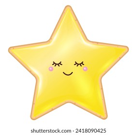 Sugar star shaped cookie with yellow icing. Festive cake with sleeping character for birthday, baby shower, event, party, anniversary