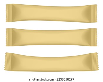 Sugar stick. Gold blank sugar sachet packaging, stick pack. 3d mockup. Paper pouch. Disposable packaging for salt, sugar and spices. Silver foil bag. Cane sugar