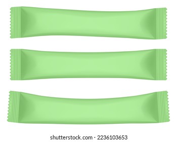 Sugar stick. Emballage en sachet de sucre blanc vert, sac en bâton. Une maquette 3d. Pochette en papier. Emballages jetables pour le sel, le sucre et les épices. Sac d'aluminium en argent. Sucre de canne