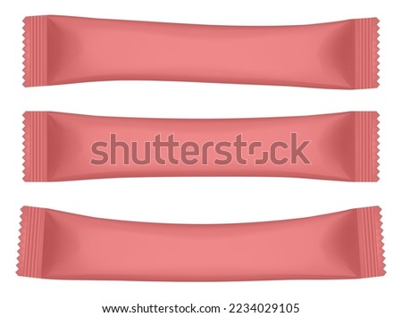 Sugar stick. Red blank sugar sachet packaging, stick pack. 3d mockup. Paper pouch. Disposable packaging for salt, sugar and spices. Silver foil bag. Cane sugar