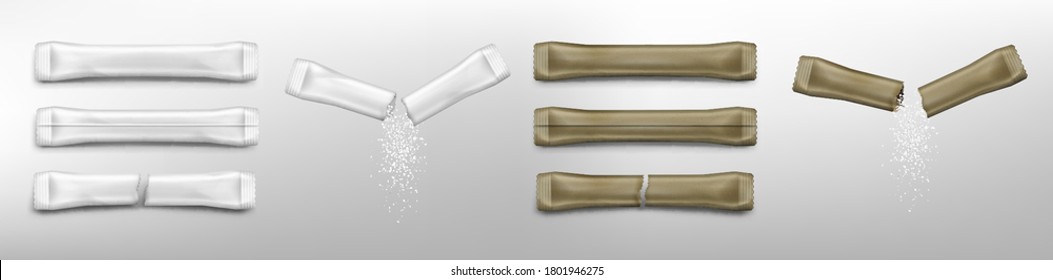 Sugar sticks blank white and brown whole new and used torn in half sachets for salt, instant coffee or candy wrapper, isolated pouches product packaging mockup, realistic 3d vector illustration set