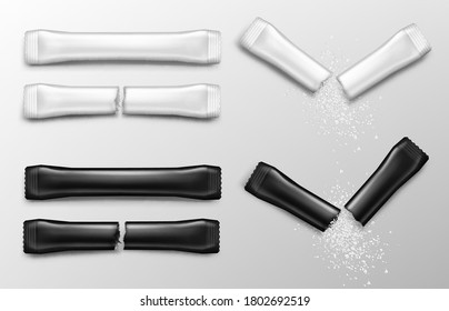 Sugar sticks for coffee in white and black packs. Vector realistic mockup of blank paper sachet with sugar or salt front view. Torn packet with falling white granules