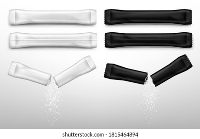 Sugar sticks for coffee in white and black packs. Vector realistic mockup of blank paper sachet with sugar or salt front and back view. Torn packet with falling white granules