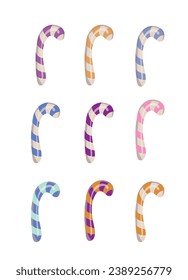 Sugar sticks of different colors set. Striped Christmas sticks. Candies. Decoration and food. Vector illustration