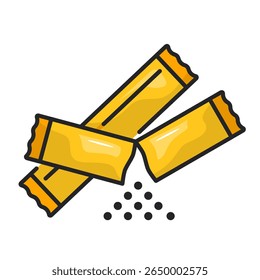 Pacote de açúcar, açúcar, adoçante, saqueta, condimento, café, uso único, agitar, bebida. Ilustração de ícone de vetor