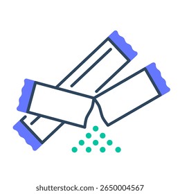 Pacote de açúcar, açúcar, adoçante, saqueta, condimento, café, uso único, agitar, bebida. Ilustração de ícone de vetor