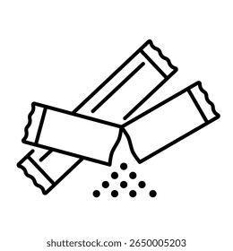 Pacote de açúcar, açúcar, adoçante, saqueta, condimento, café, uso único, agitar, bebida. Ilustração de ícone de vetor