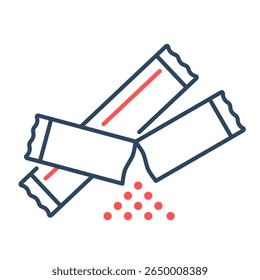 Pacote de açúcar, açúcar, adoçante, saqueta, condimento, café, uso único, agitar, bebida. Ilustração de ícone de vetor